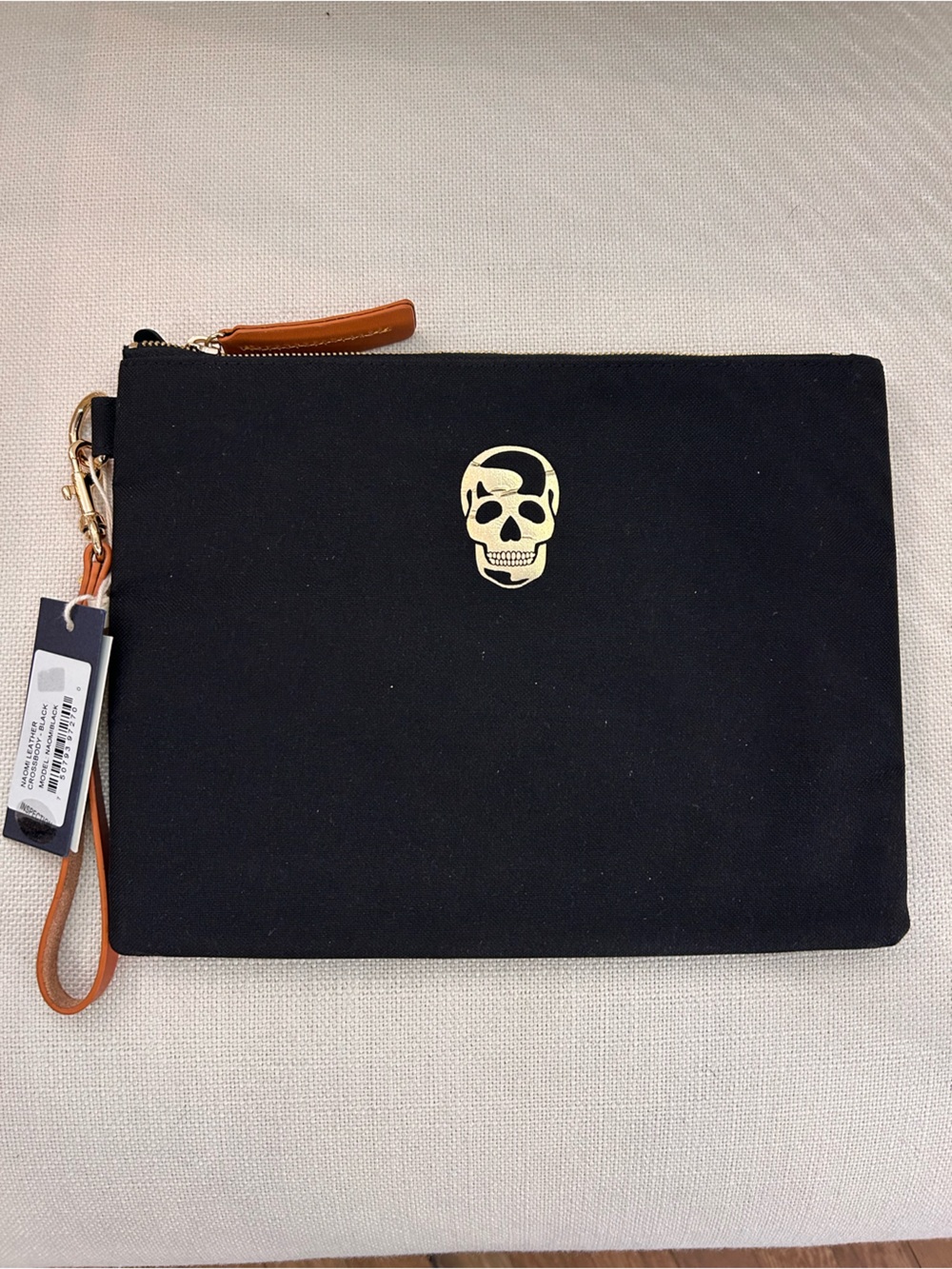 BLVD CA Naomi Black Wristlet Pouch with Gold Skull Emblem and Brown Strap